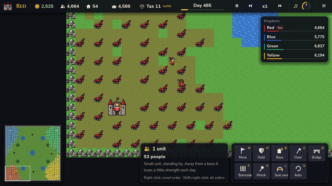 A kingdom spreading across the map, with its castle, bases, units and the minimap